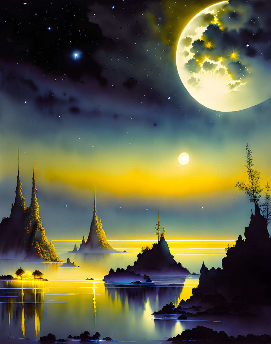 Surreal landscape with spire-like mountains, moon, stars, and twilight sky