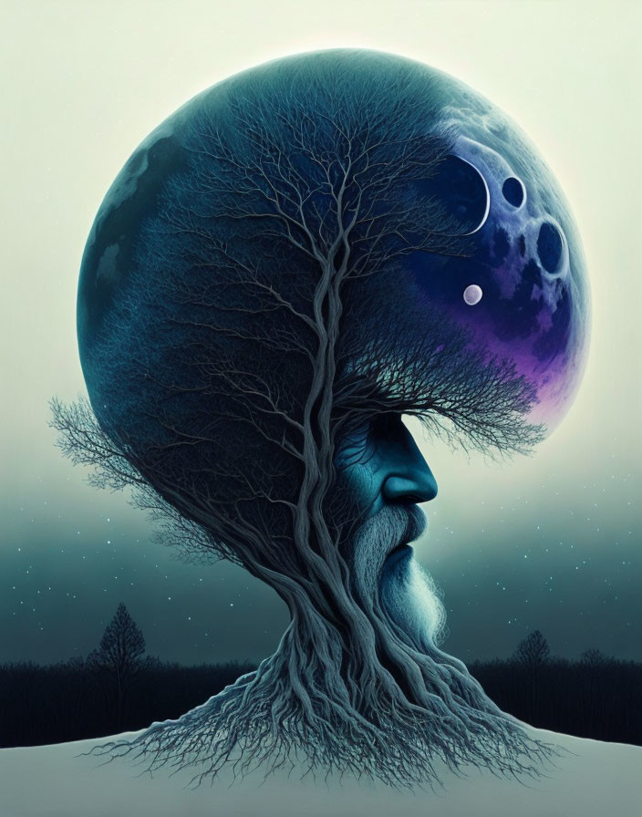 Elderly man's profile merges with tree in surreal moon scene