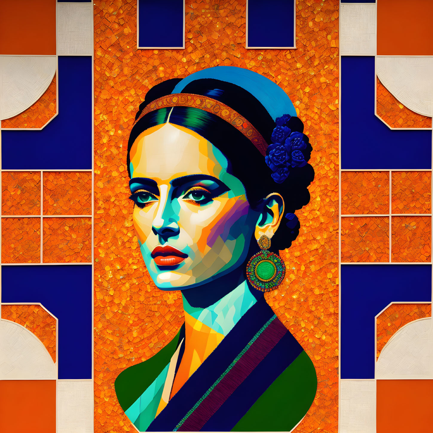 Colorful portrait of a woman with blue headpiece and large earrings on vibrant geometric backdrop