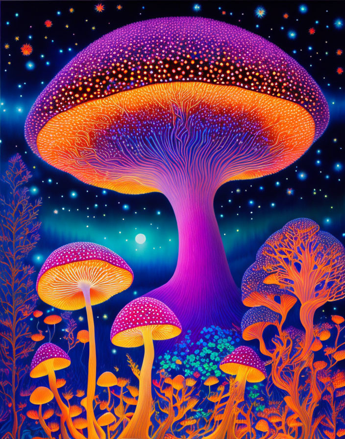 Colorful luminescent mushrooms on dark blue starry background