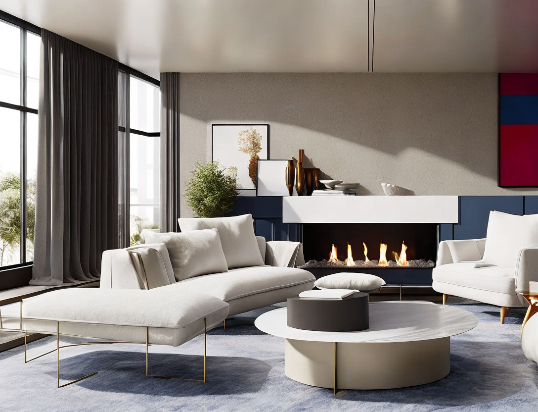 Contemporary Living Room with White Sectional Sofa & Abstract Wall Art