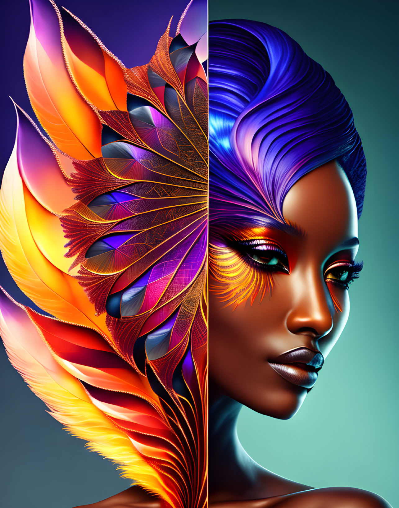 Colorful Feather Hair Woman Illustration on Gradient Background