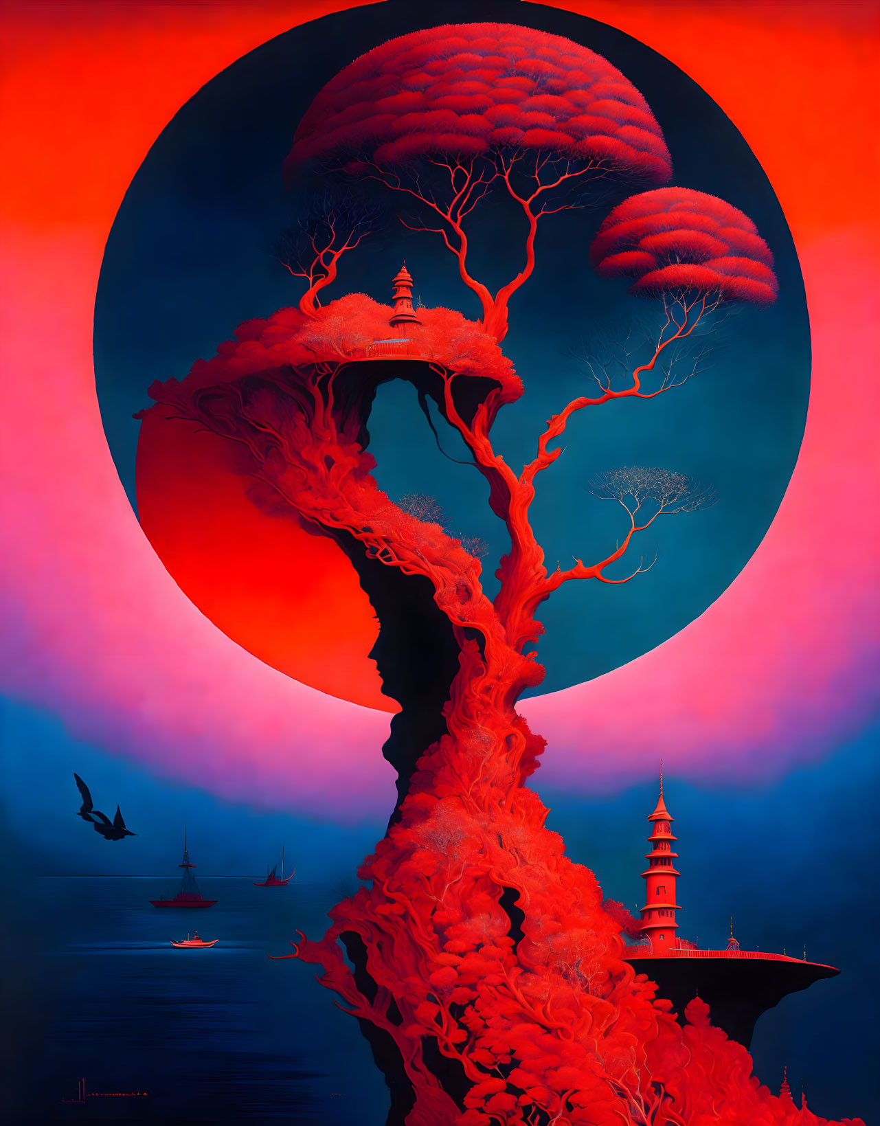 Gigantic tree with blood-red foliage and buildings, red moon and blue sky backdrop