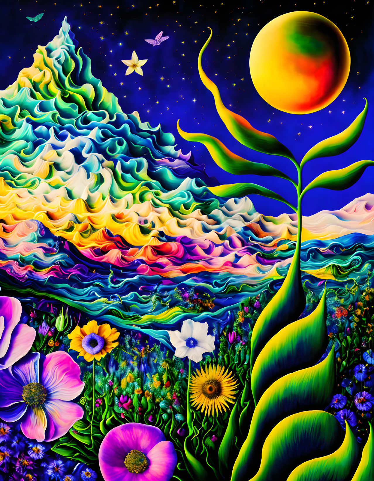 Surreal painting of mountain, moon, plant, and flowers in vibrant colors