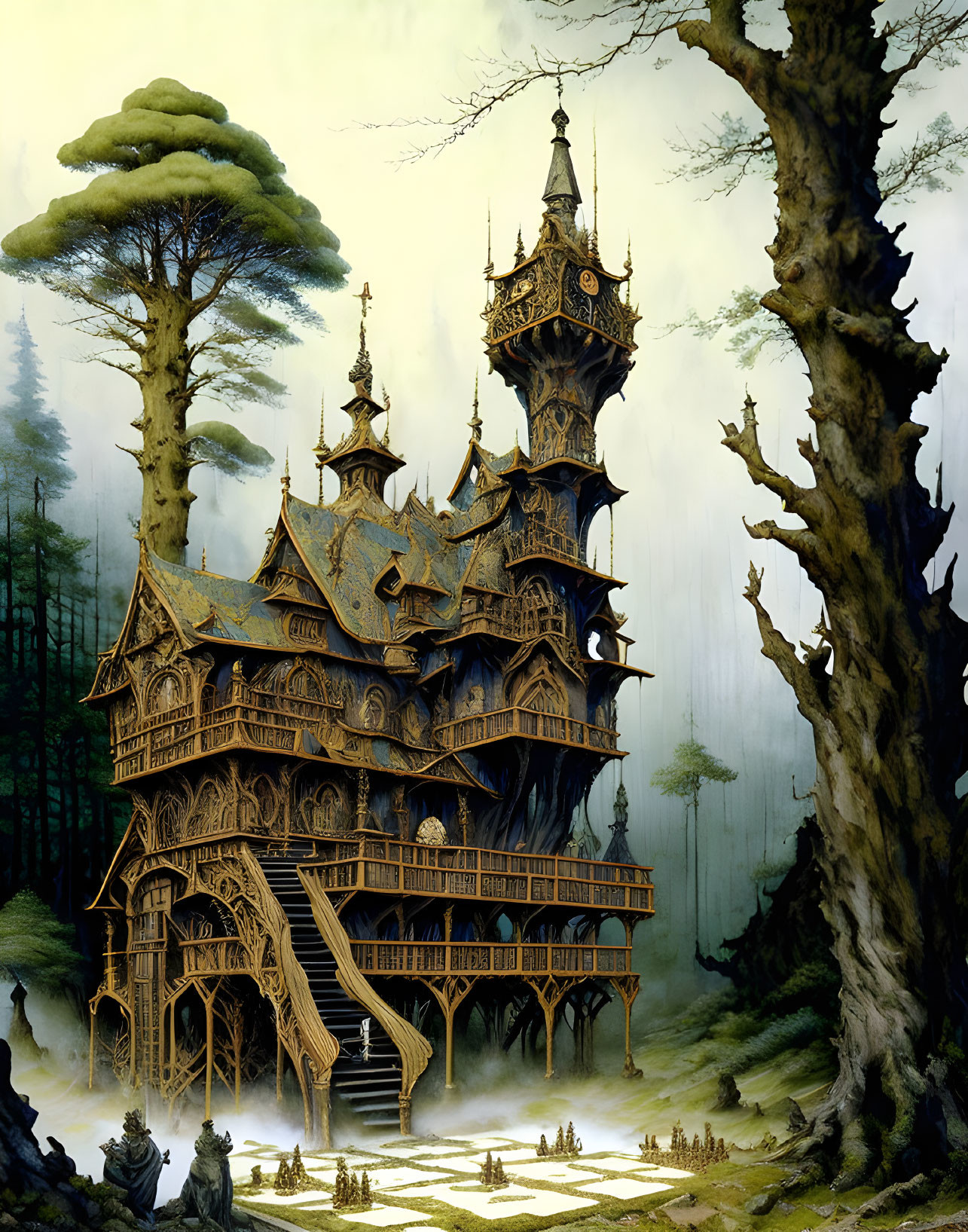 Fantasy wooden house in eerie forest with mist and towering trees