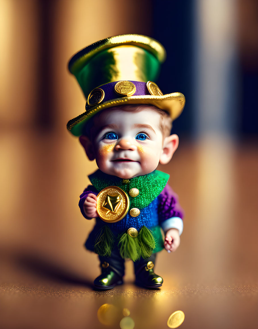 Stylized baby character in leprechaun outfit with gold coin