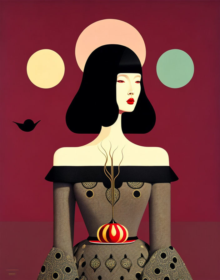 Stylized artwork of woman with black hair and bird against abstract background