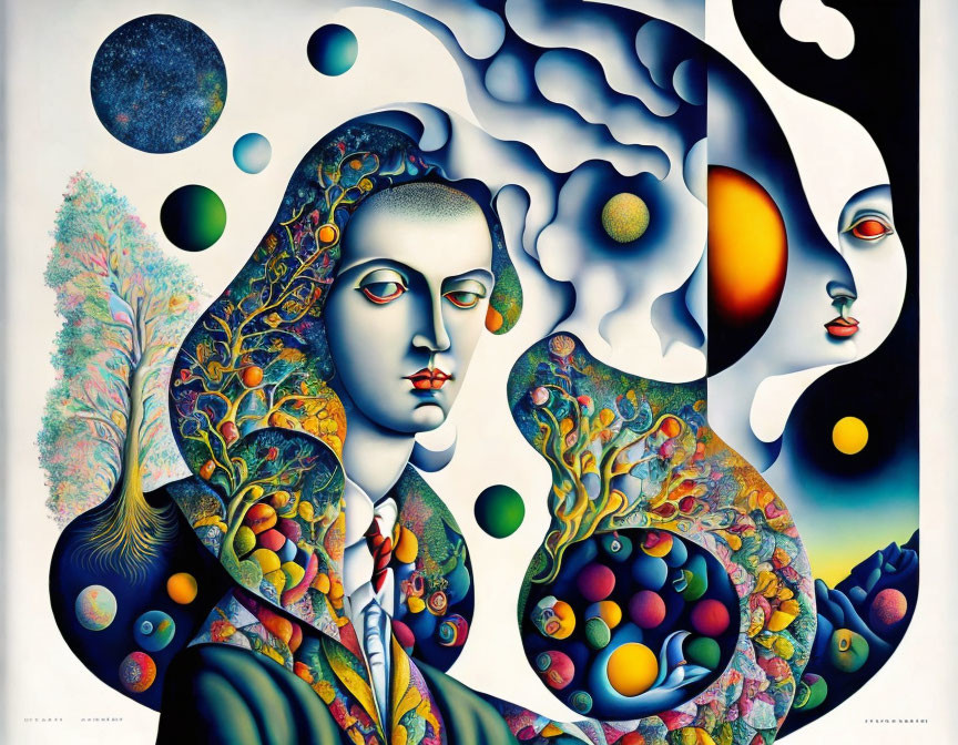 Surrealistic painting: Two faces, nature elements, tree, celestial bodies, colorful orbs