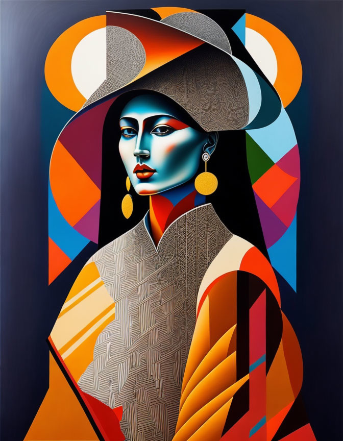 Colorful Geometric Portrait of Woman in Hat and Earrings on Dark Background