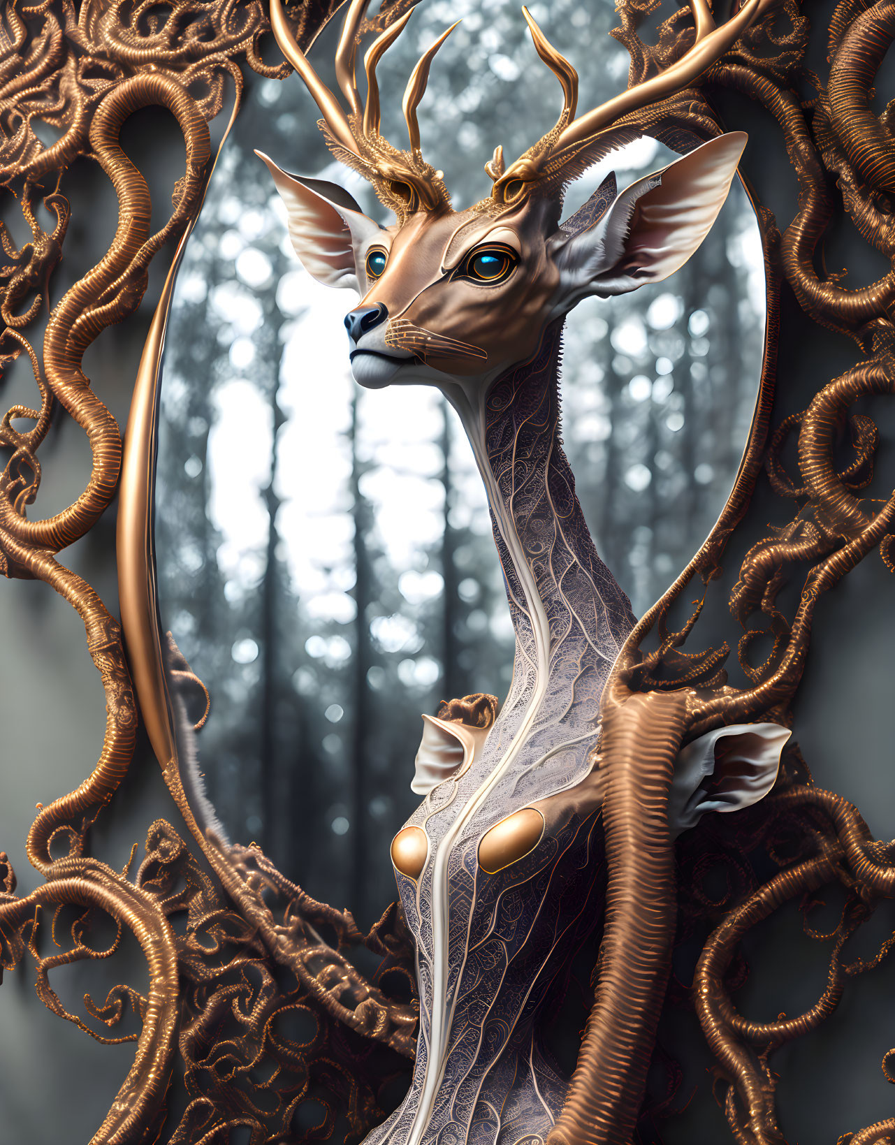 Majestic Stag with Elongated Horns in Fantasy Forest