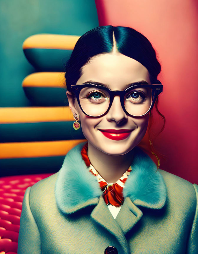 Stylized portrait of smiling woman with round glasses and red lipstick