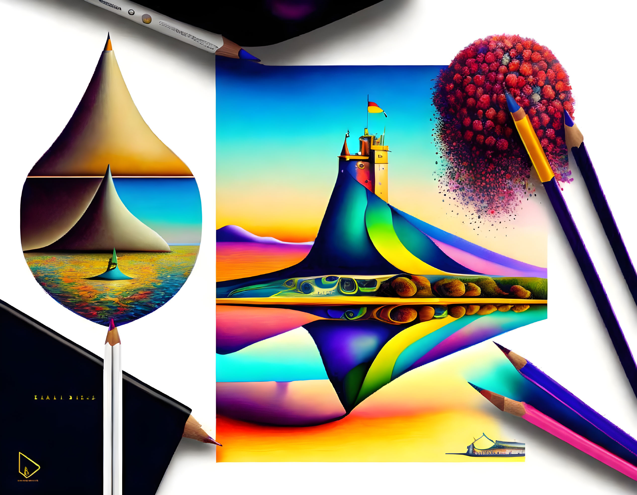 Colorful Surreal Sailboat Artwork with Sunset Sky and Abstract Elements