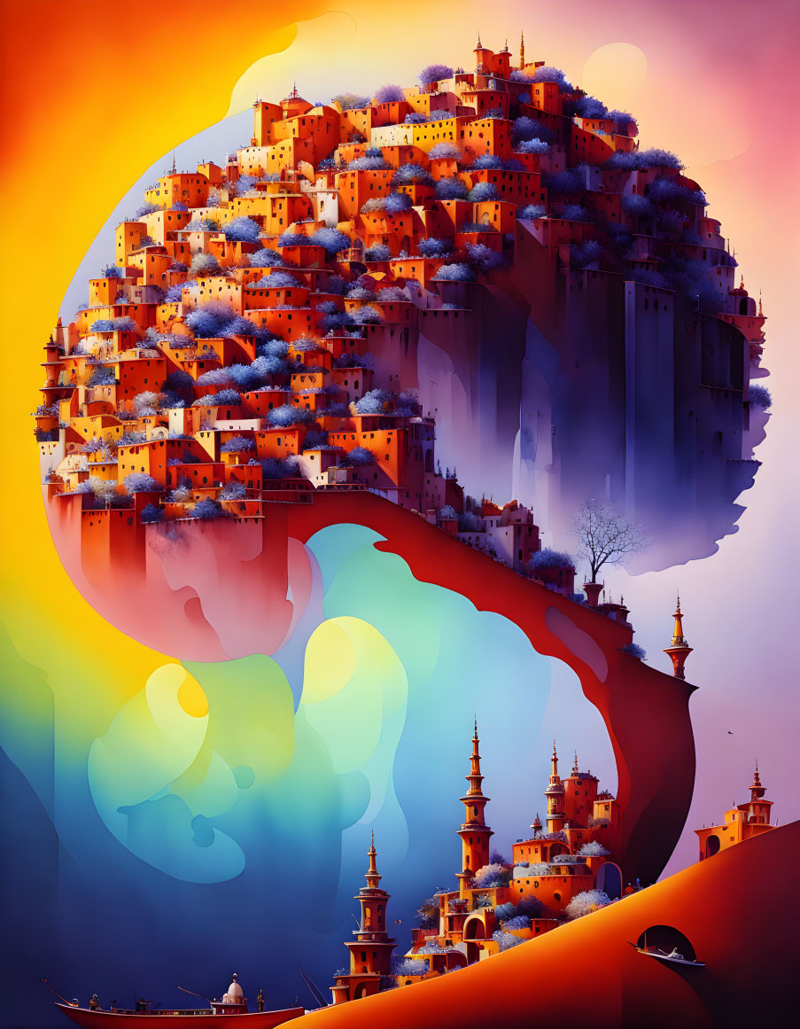 Vibrant orange and blue upside-down city in fantastical landscape