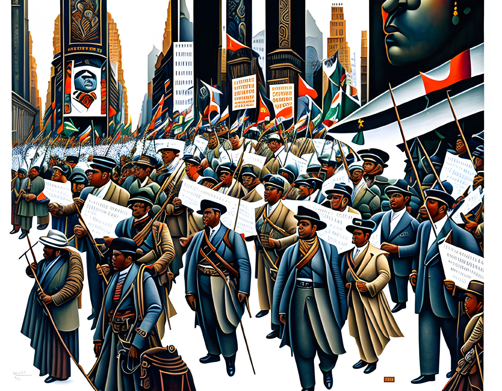 Historical parade illustration with uniformed figures in cityscape