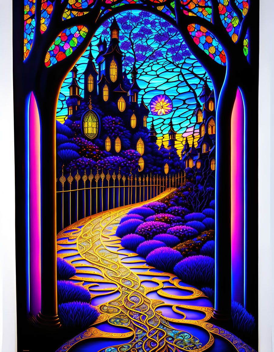 Colorful Stained Glass Window Artwork of Whimsical Castle & Gardens