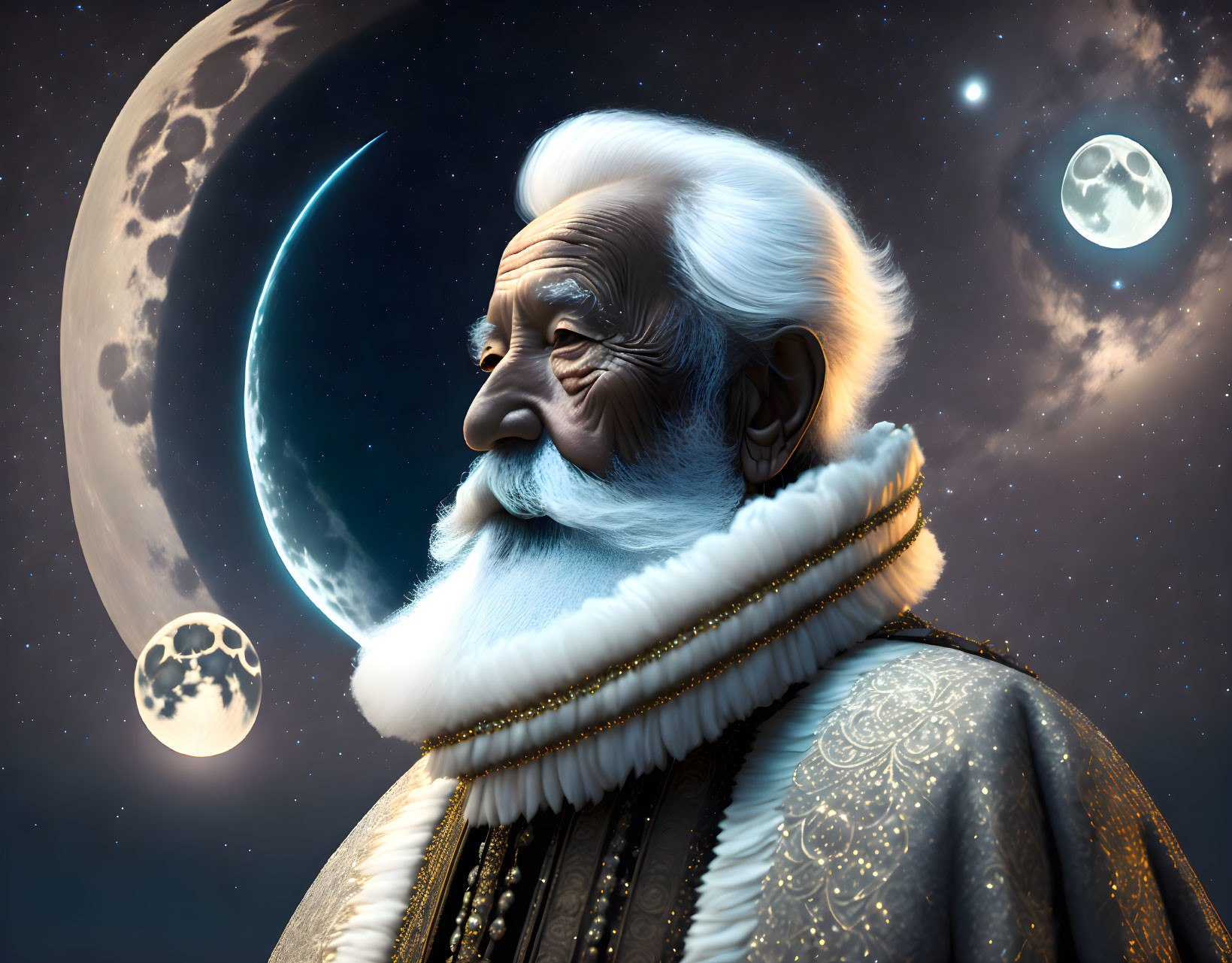 Elderly man with white beard in cosmic setting with multiple moons and ornate coat