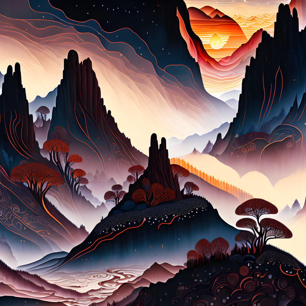 Stylized landscape with rock formations, hills, rivers, orange sun, starry sky.