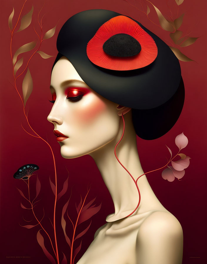 Stylized portrait with vivid red makeup and floral elements