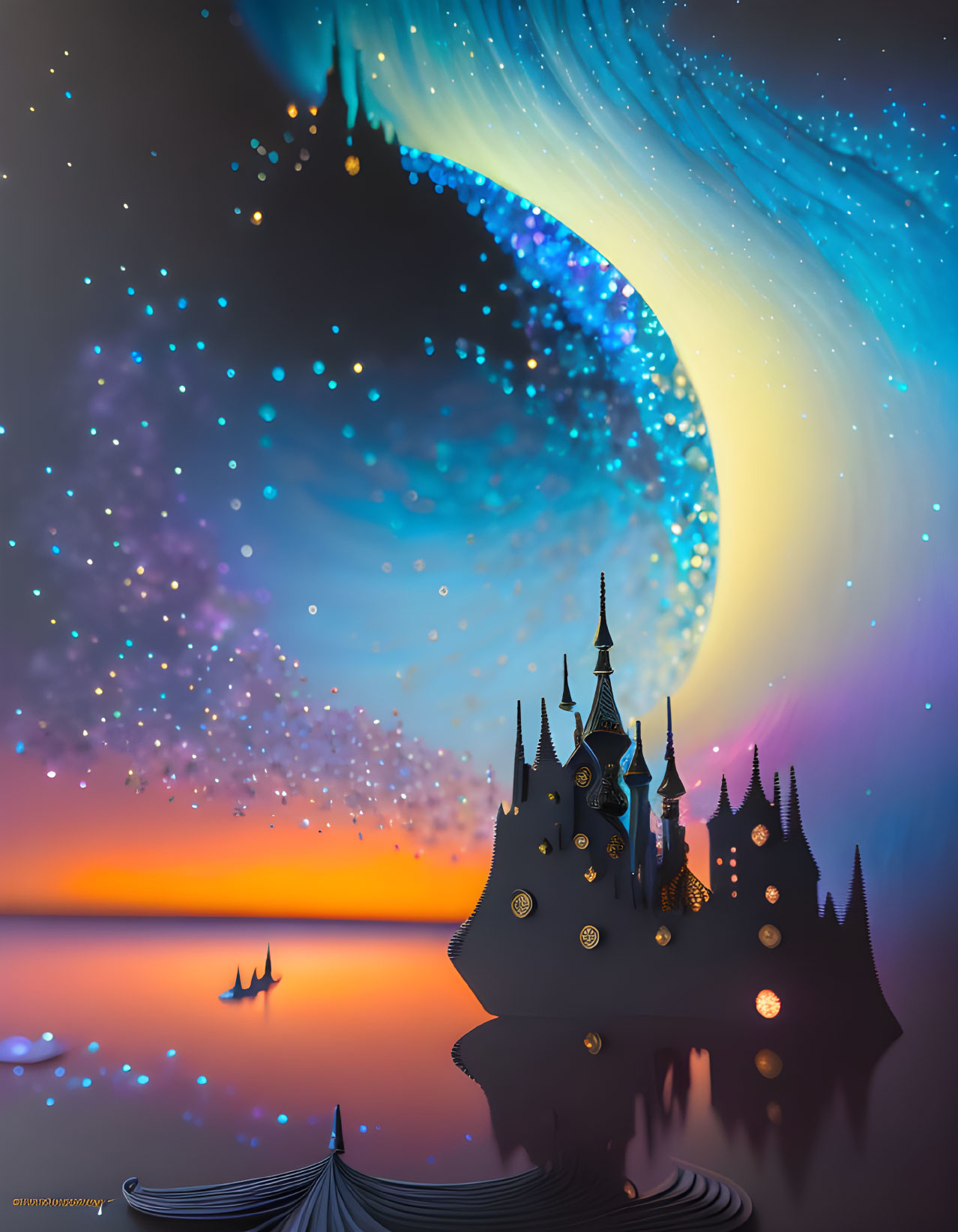 Fantasy castle silhouette under cosmic sky with boat on calm waters