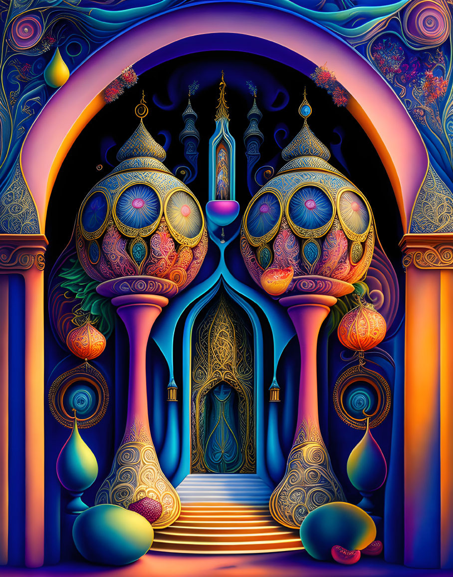 Colorful Psychedelic Illustration of Ornate Onion-Domed Structures