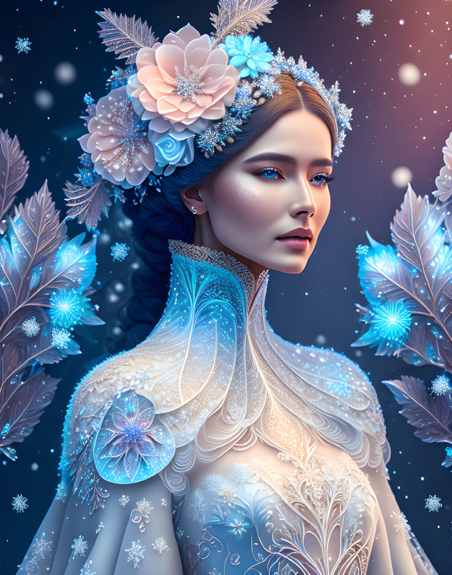 Winter-themed woman portrait with floral and feather accessories on starry blue backdrop