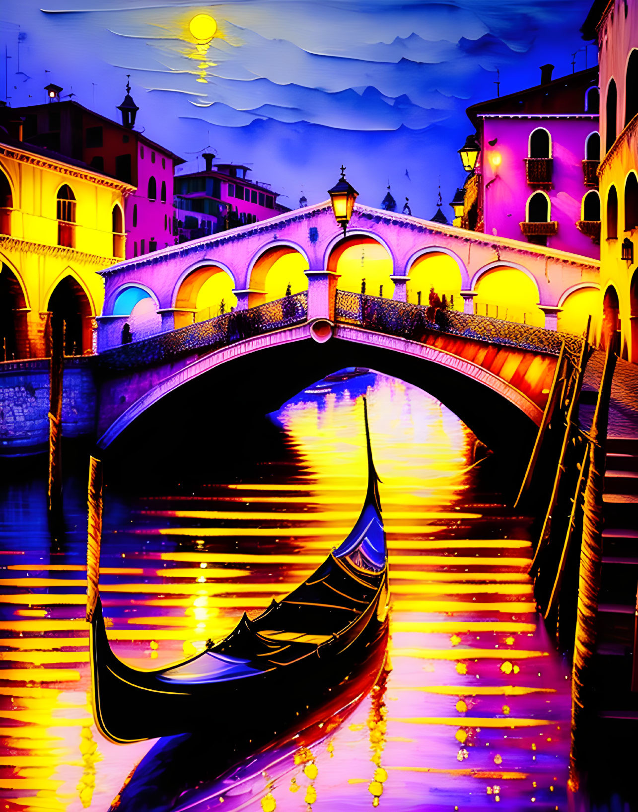 Venetian scene: Moonlit gondola under bridge with colorful sky