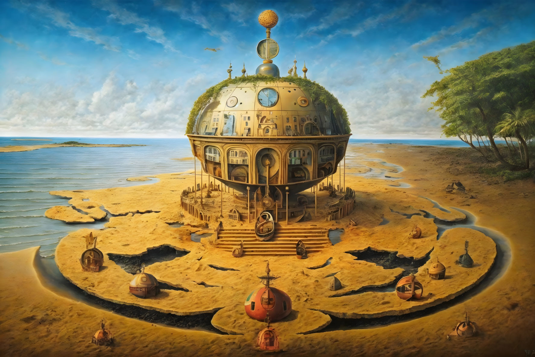 Steampunk-style spherical building on sandy beach with smaller structures under cloudy sky