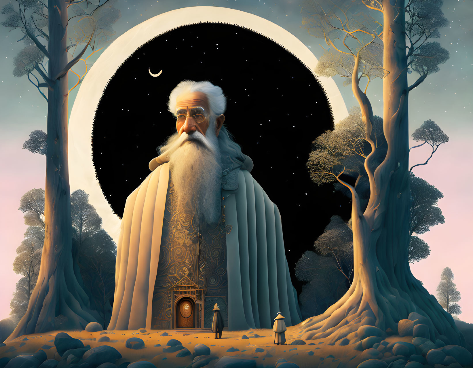 Giant with Star-Filled Cloak and Trees: Illustration of Wise-Looking Figure and