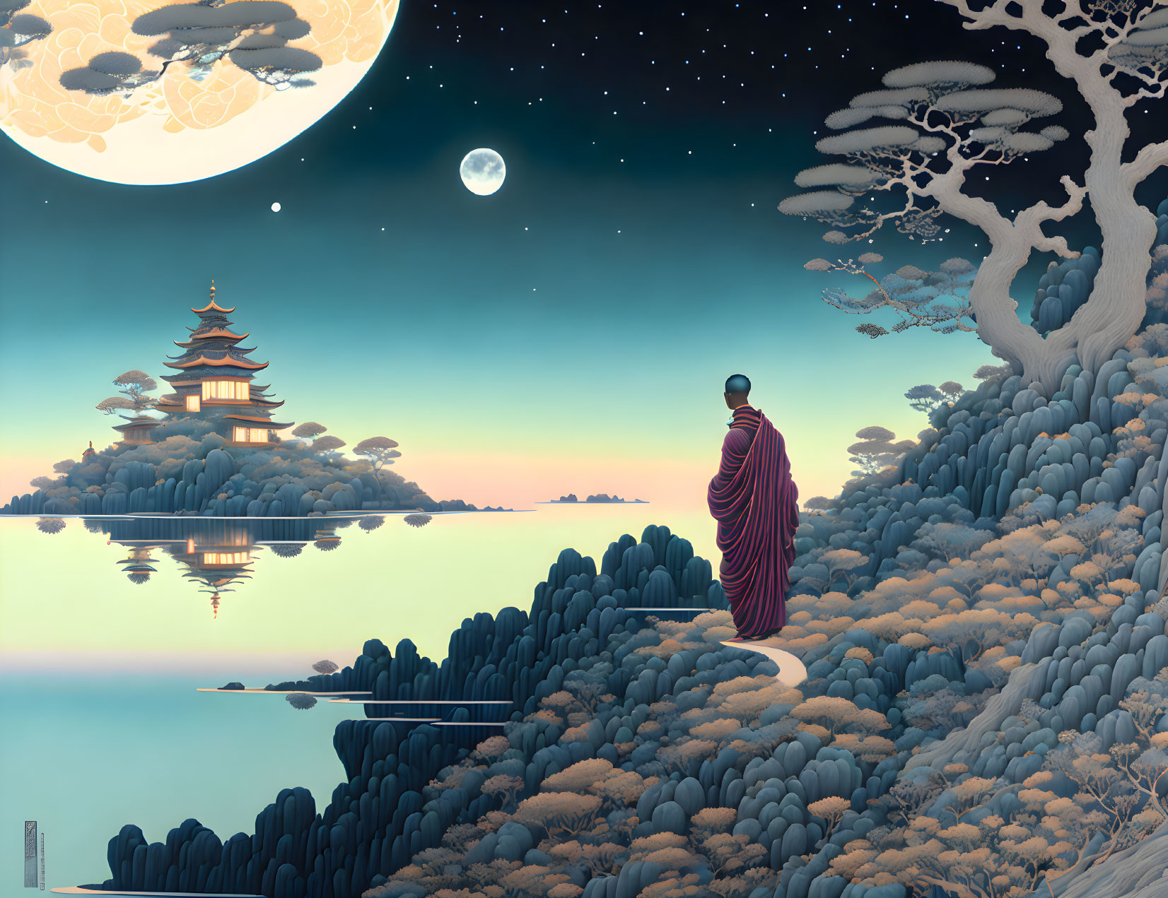 Person in red robe gazes at pagoda under starry sky with moon and bonsai trees