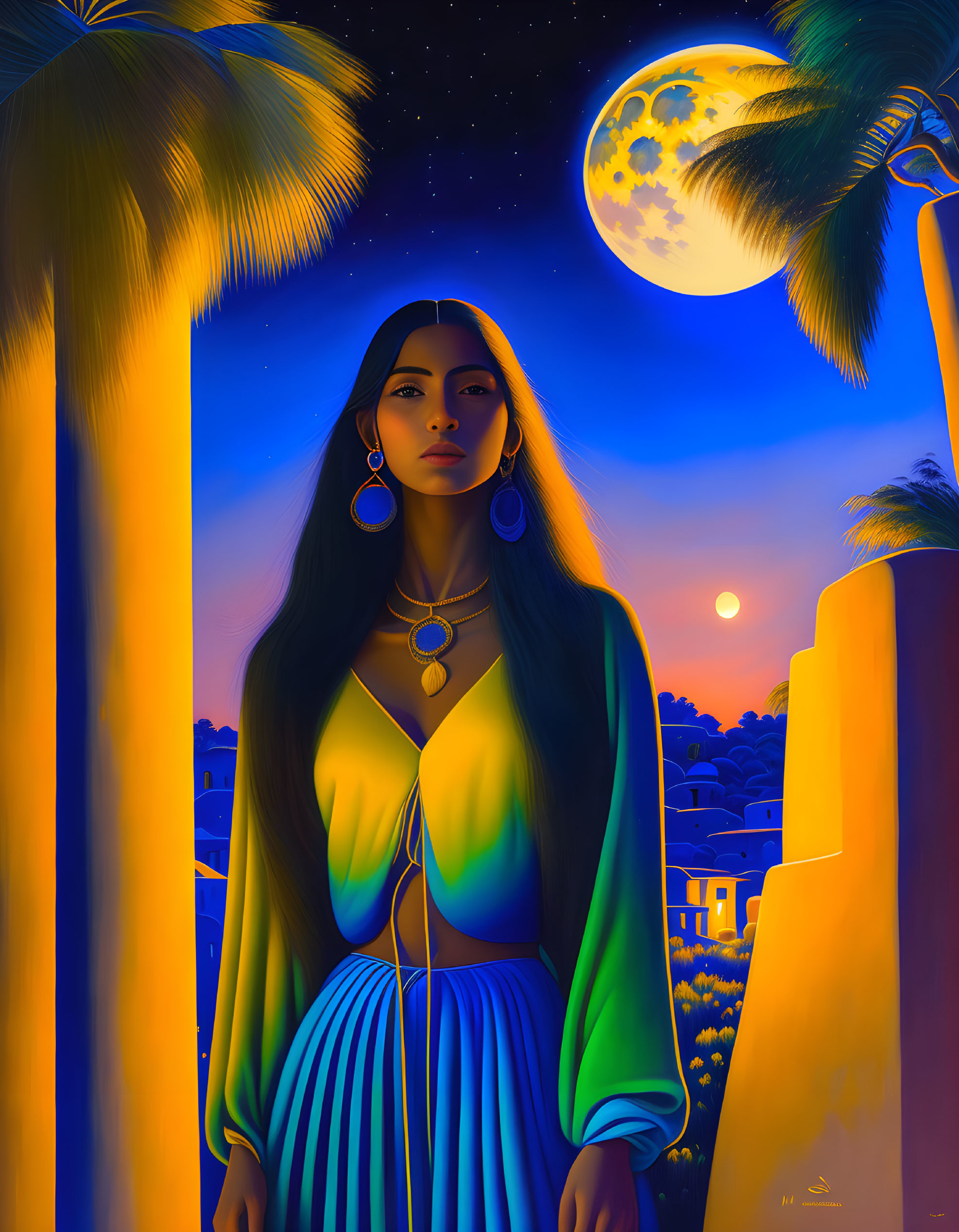 Illustration of woman in flowing green outfit under full moon