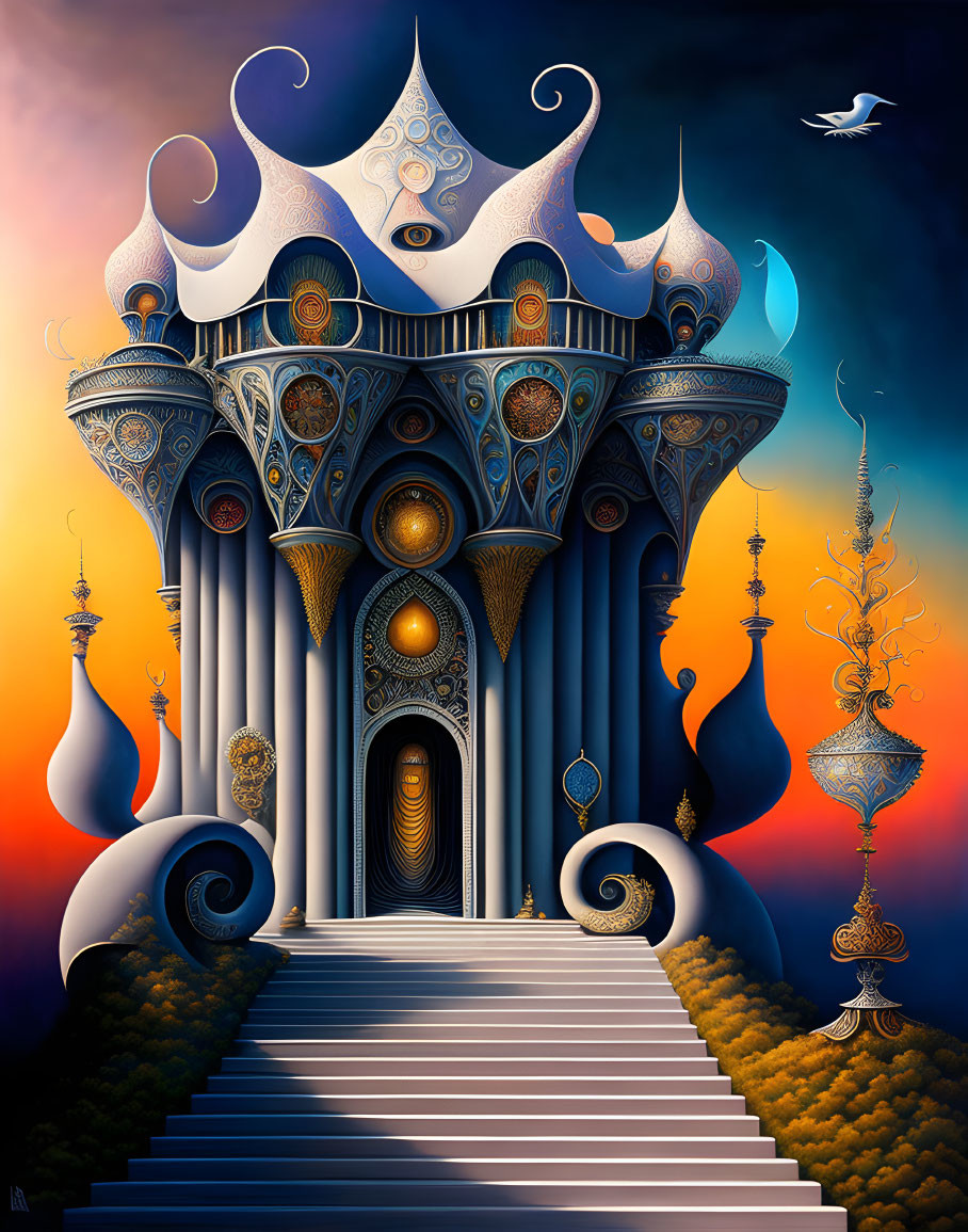 Fantastical palace with tall spires, ornate decorations, gradient sky, bird, and intricate