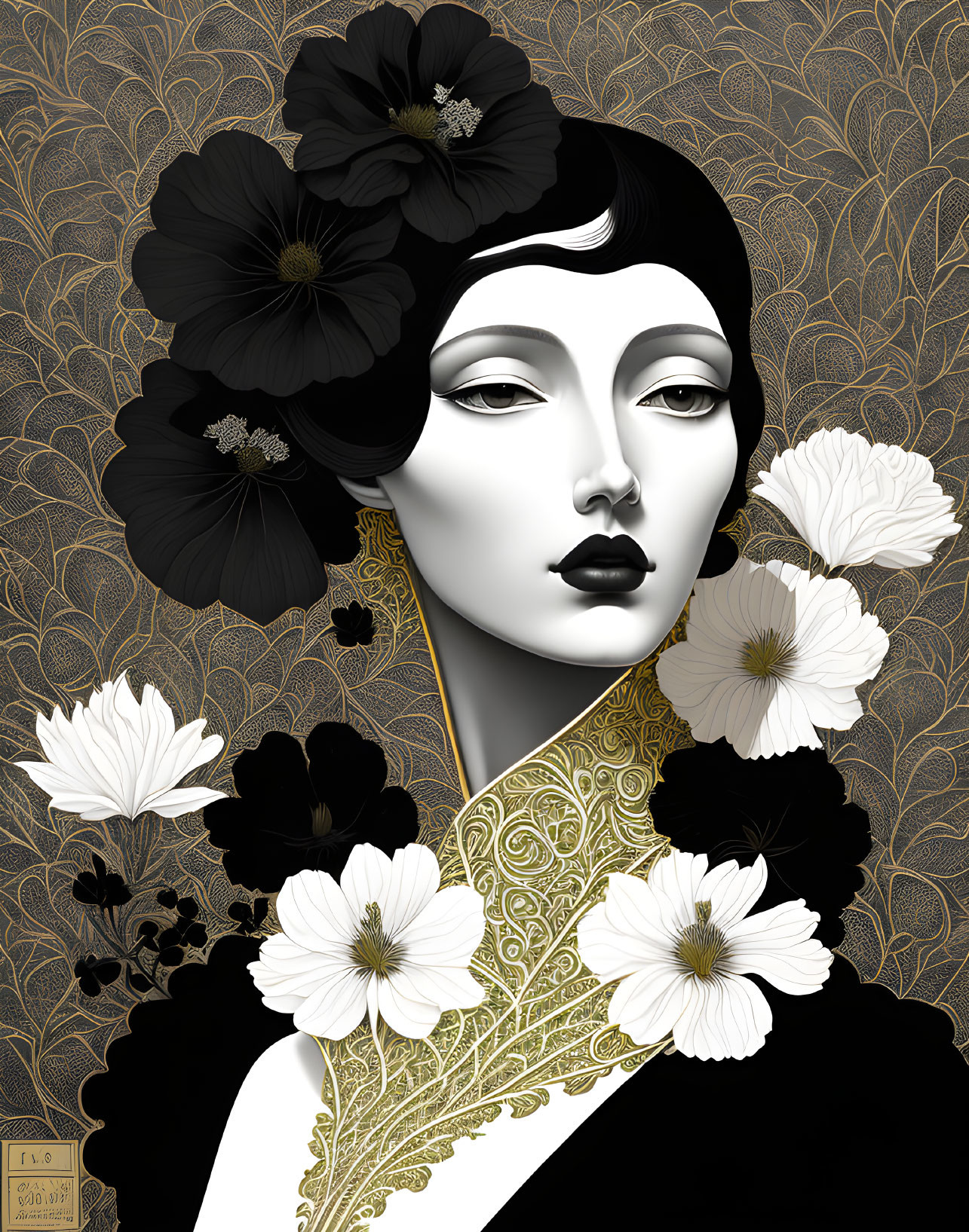 Woman with porcelain-like skin and dark lips surrounded by black and white flowers on golden background