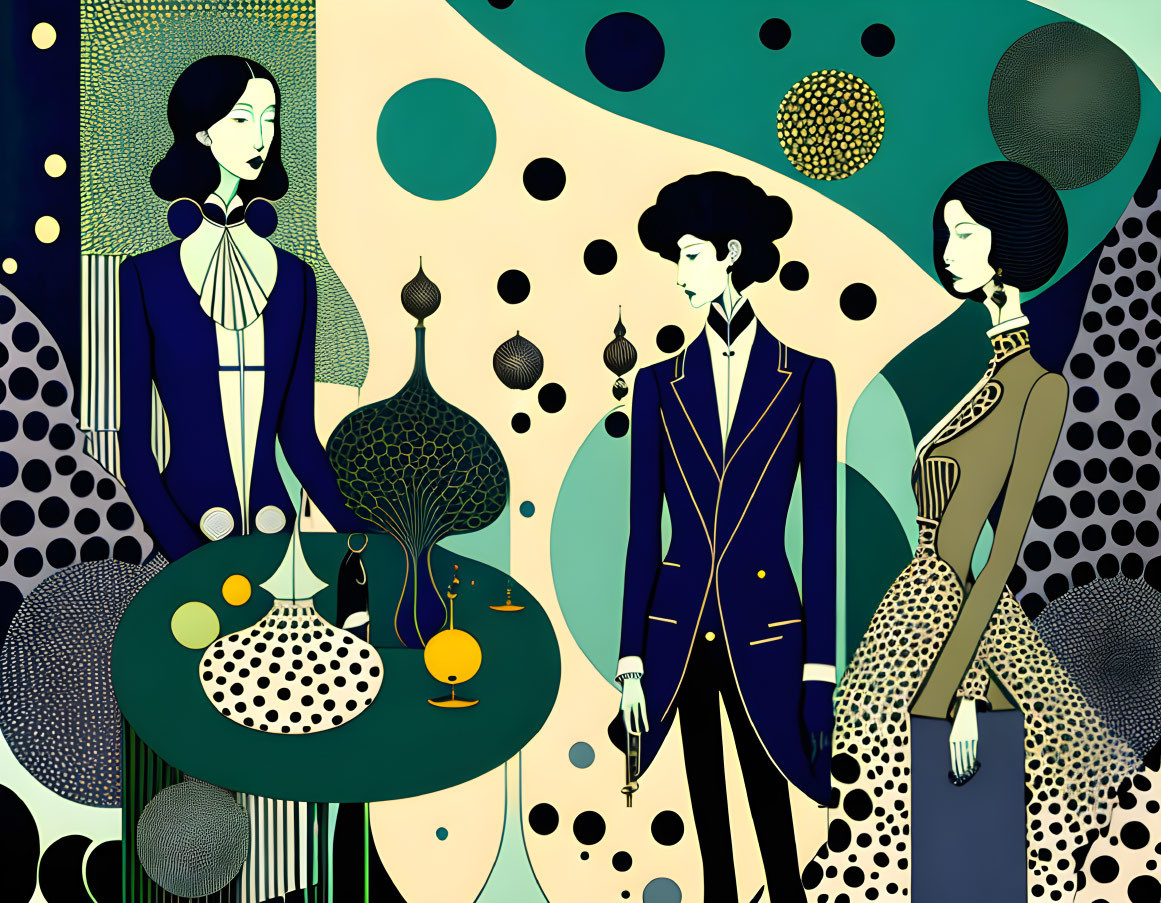 Elegantly dressed figures in retro style illustration