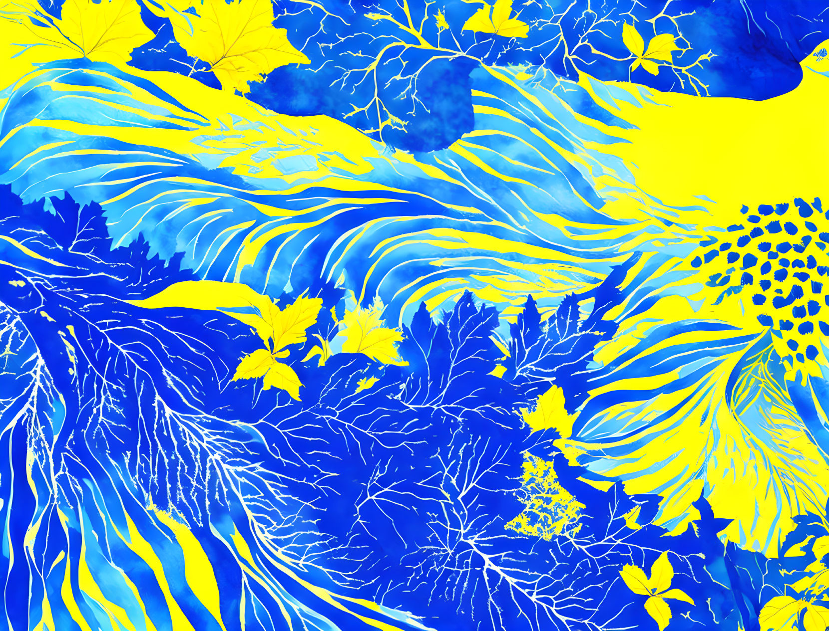 Blue and Yellow Abstract Illustration with Leafy and Wavy Patterns