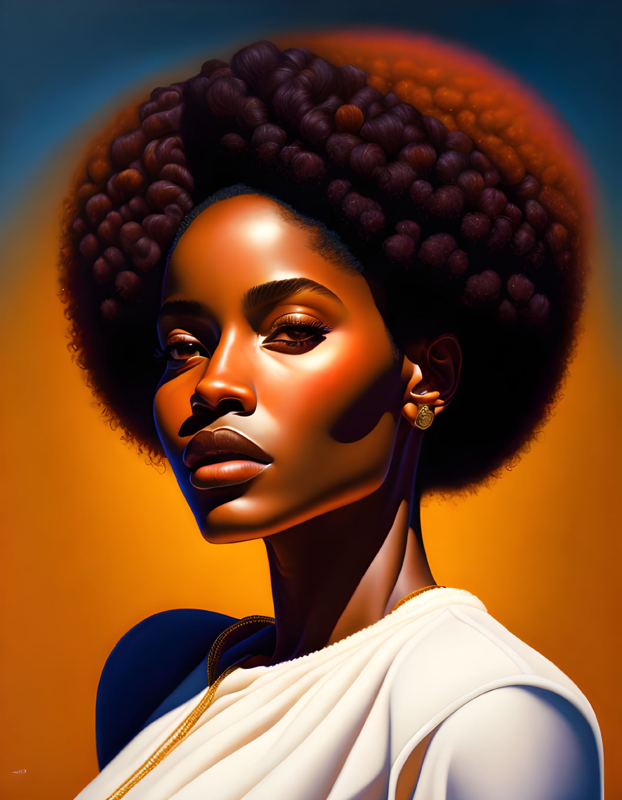 Digital portrait of woman with afro, glowing skin, white attire, and gold earring on orange