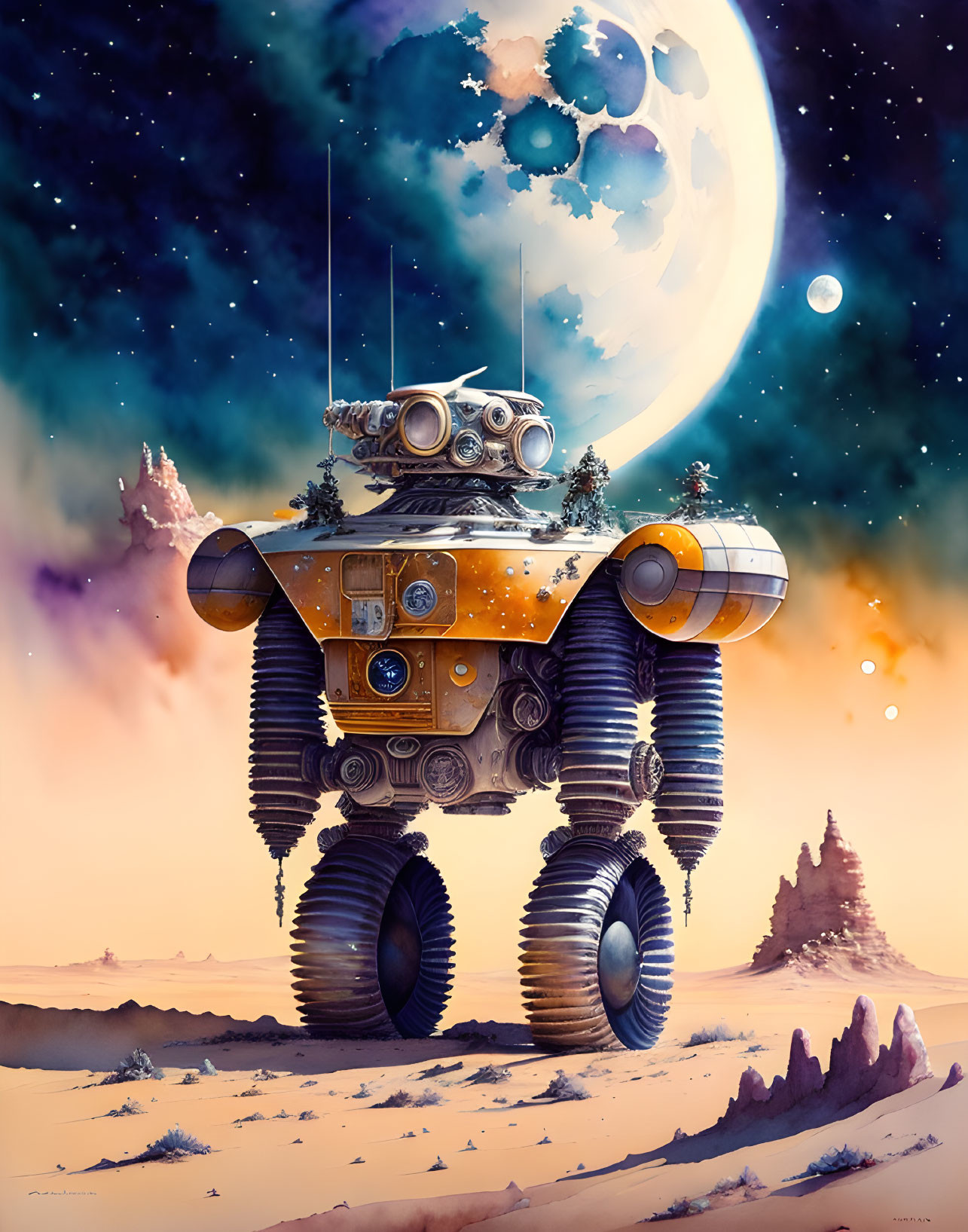 Colorful Alien Landscape with Whimsical Robot and Moon