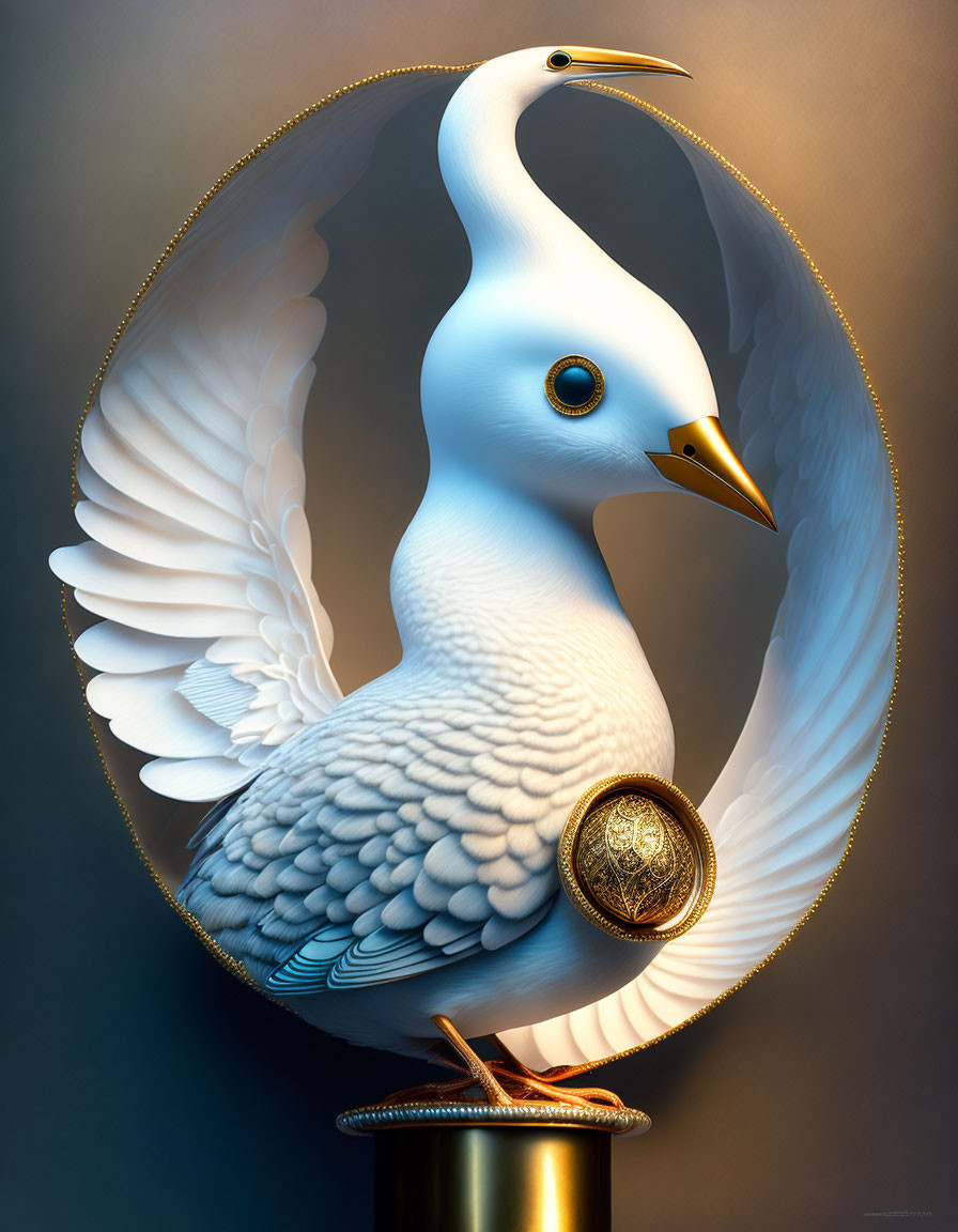 Detailed surreal illustration of white bird with golden beak on pedestal