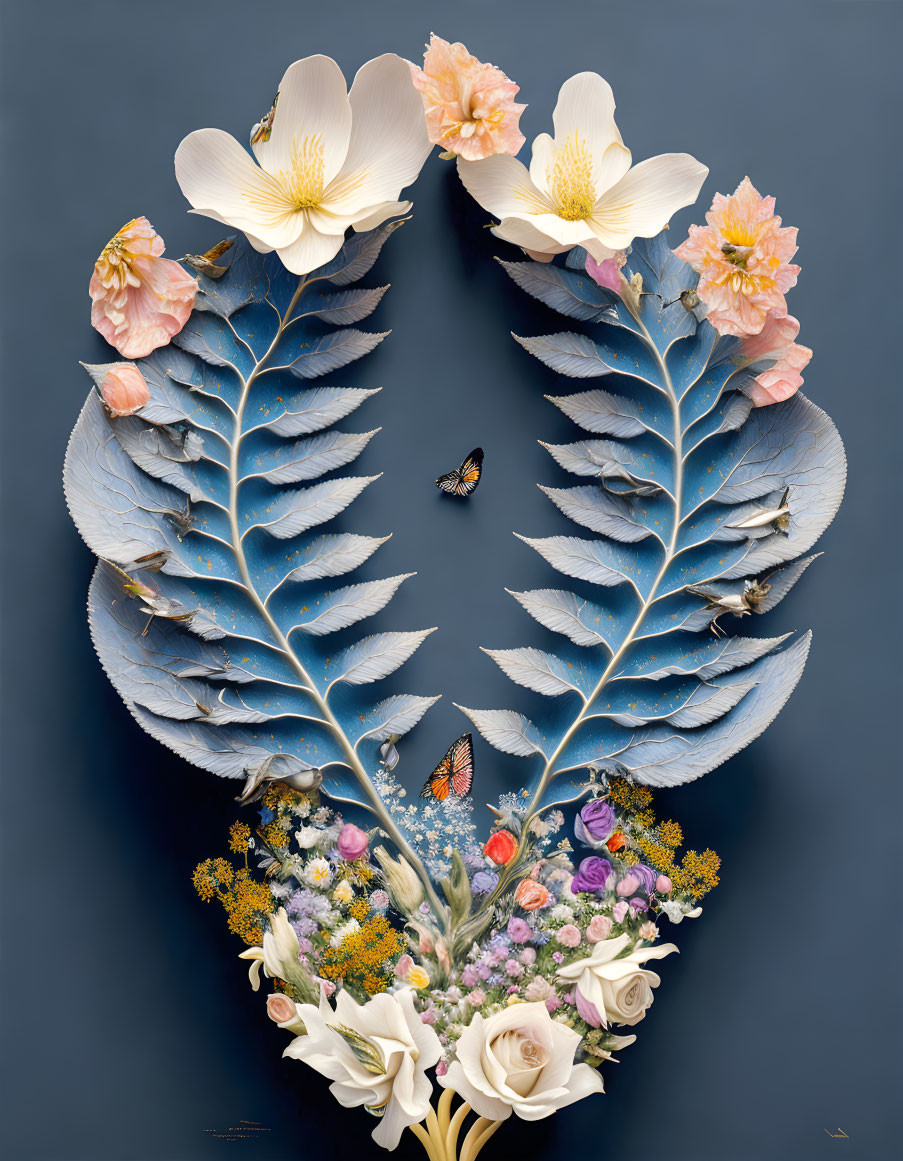 Symmetrical Blue Leaves and Heart-Shaped Flowers on Dark Background