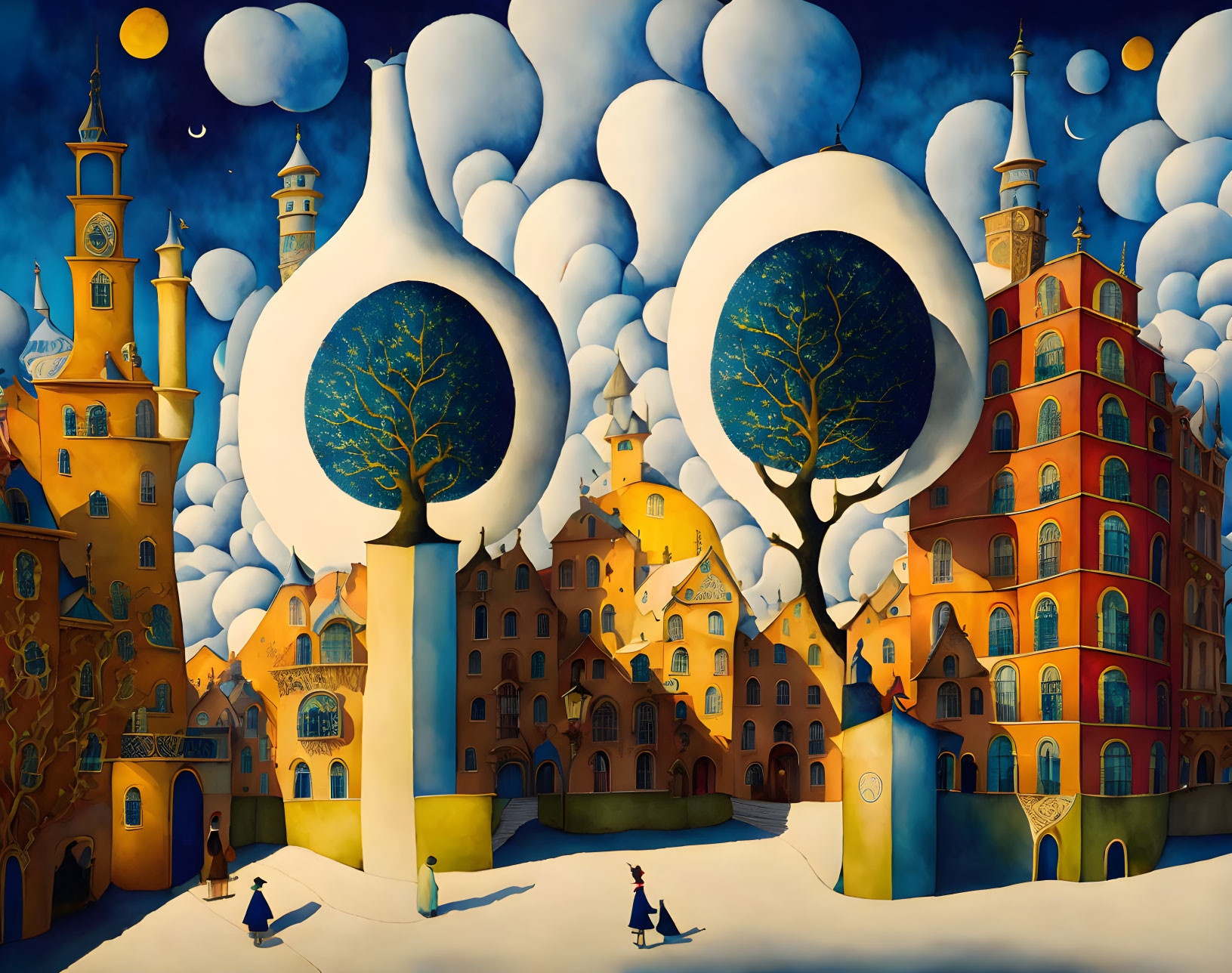 Colorful painting of whimsical town with oversized trees and bulbous clouds