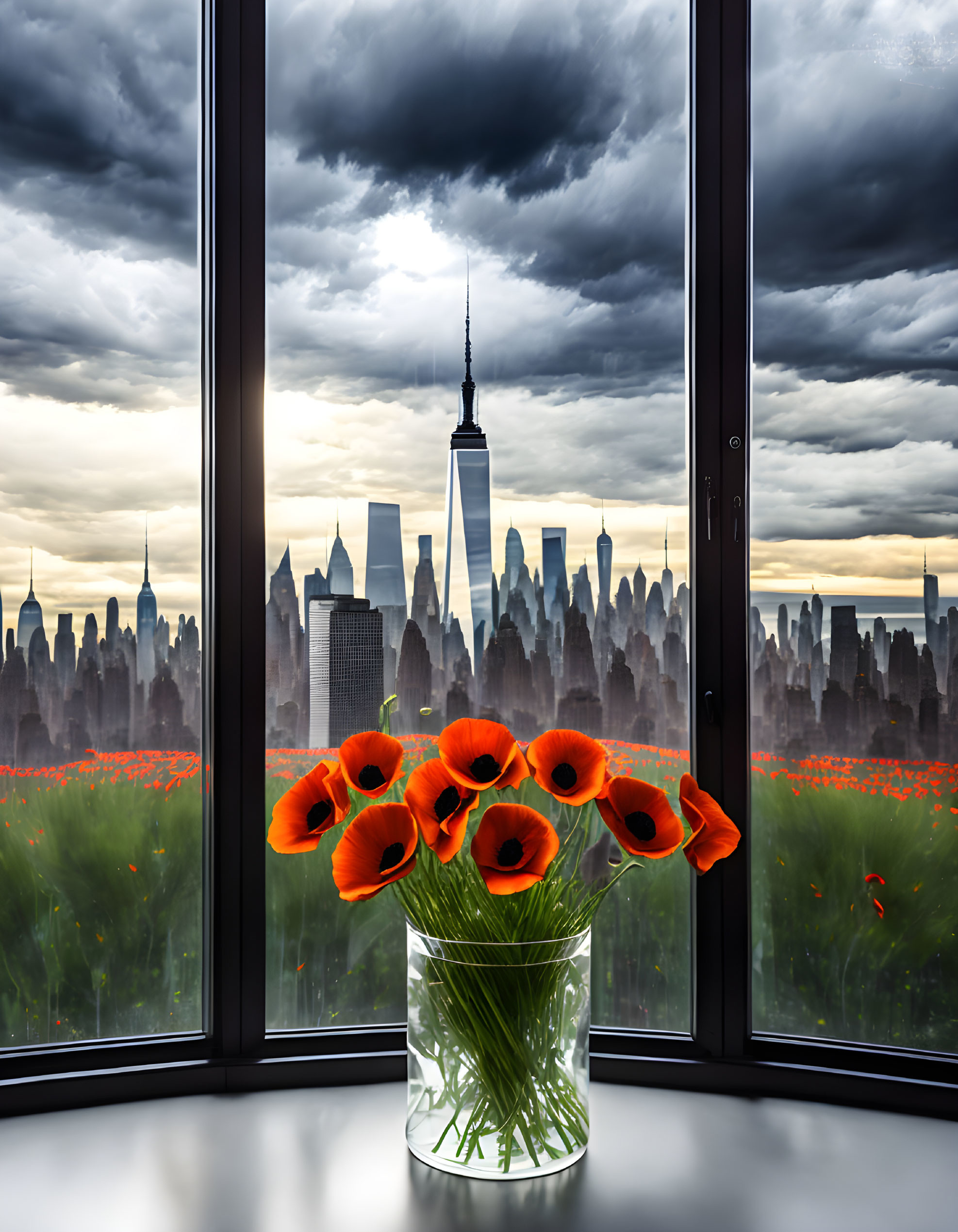 Red Poppies in Vase Against City Skyline at Dusk