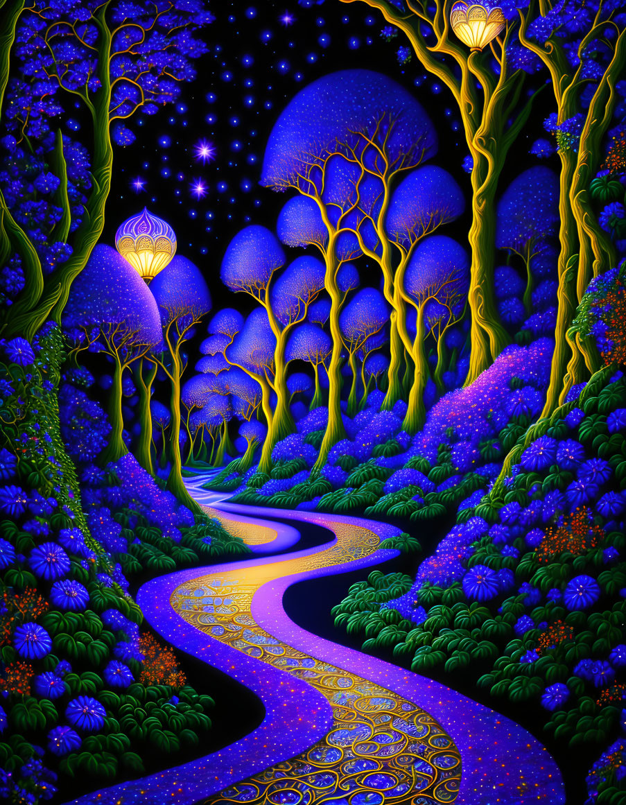 Colorful painting of a winding path in a mystical forest