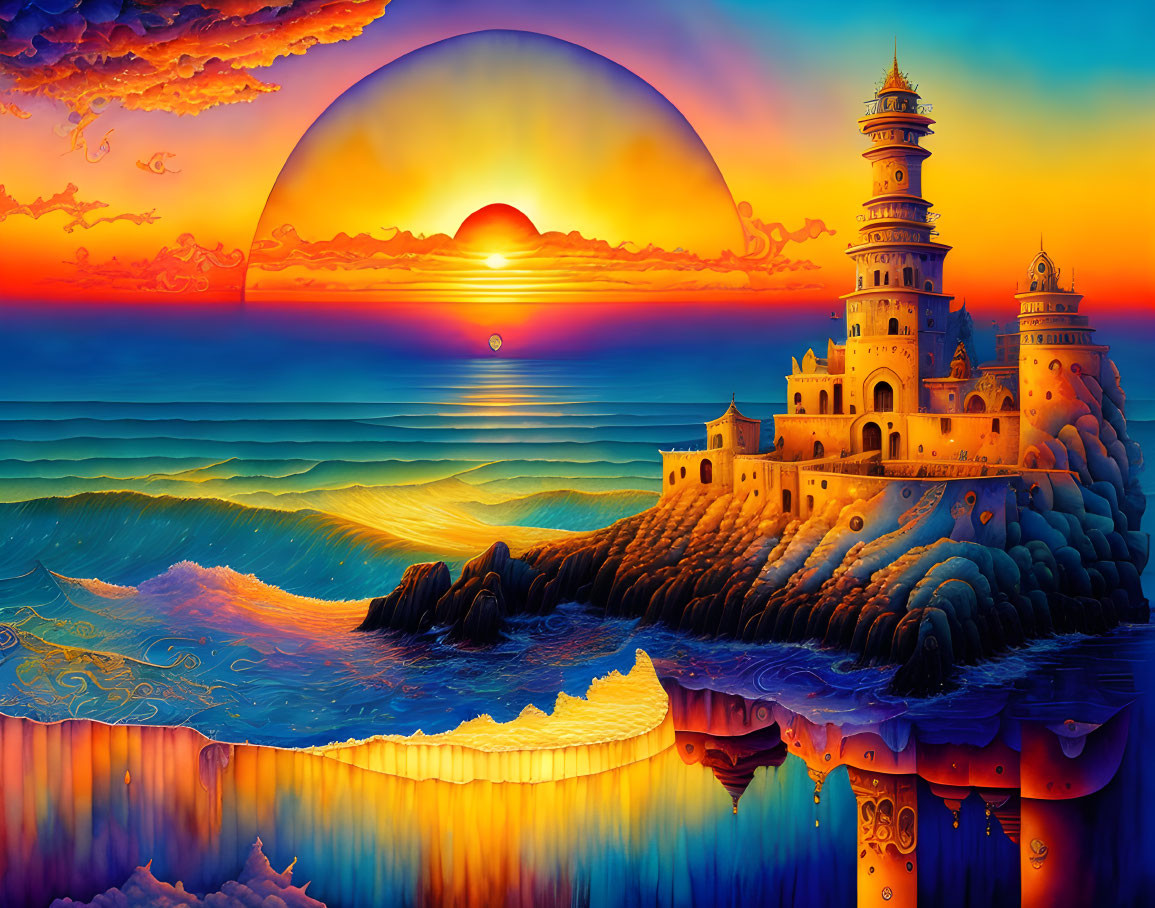 Fantastical landscape: Castle on cliff, sunset, dreamy sky