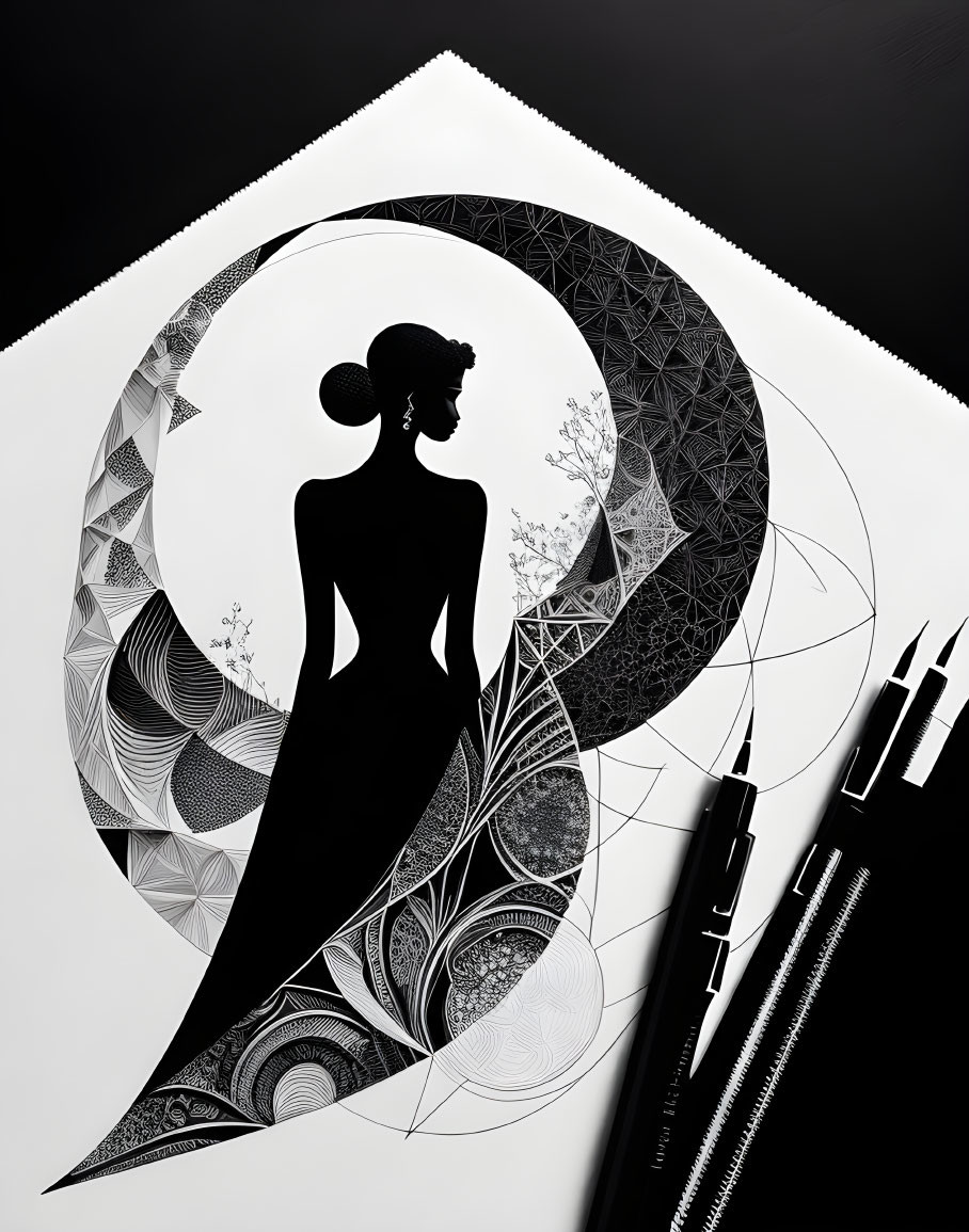 Woman's Silhouette on Crescent Pattern Background with Drawing Tools