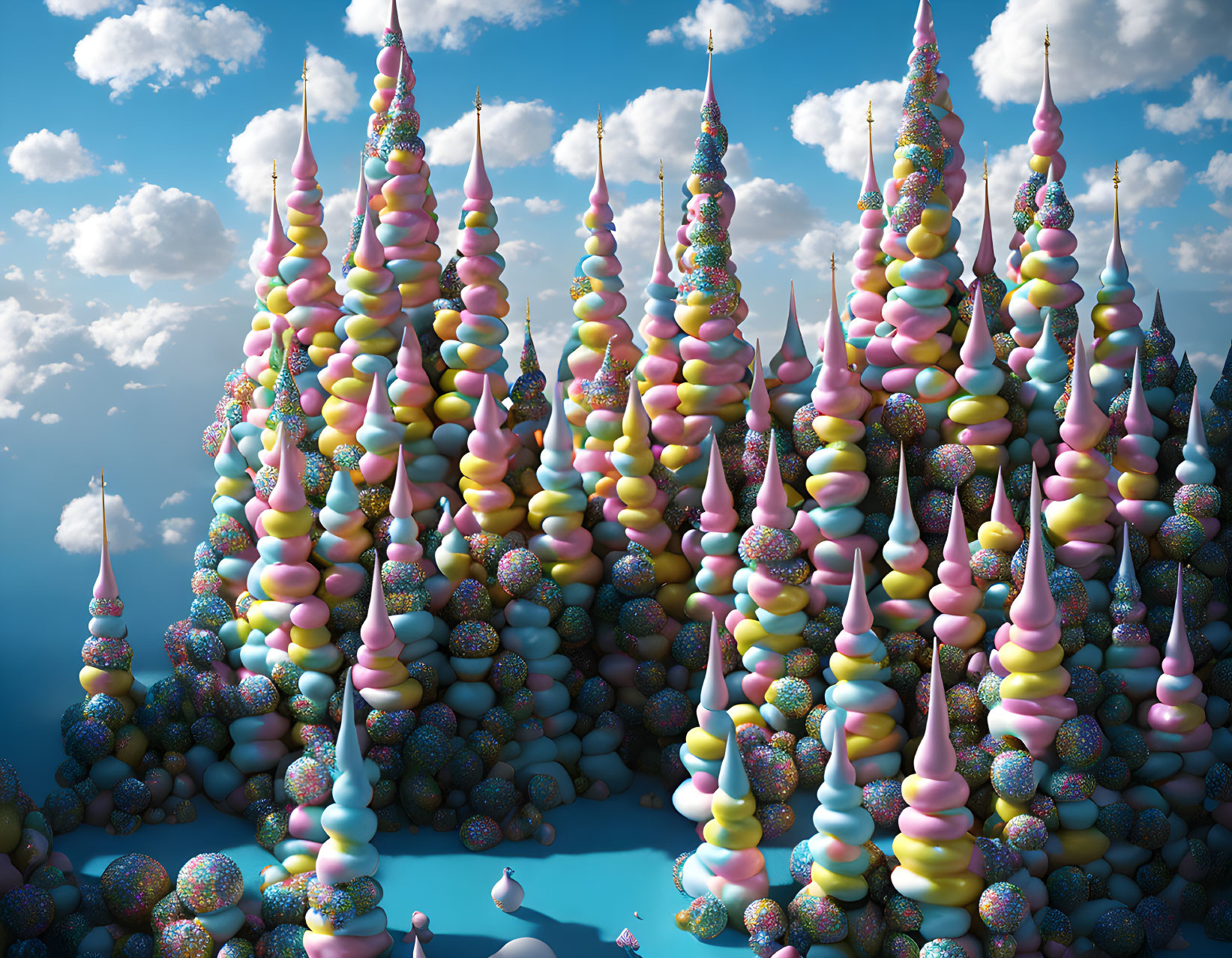 Vibrant candy-themed landscape under blue sky