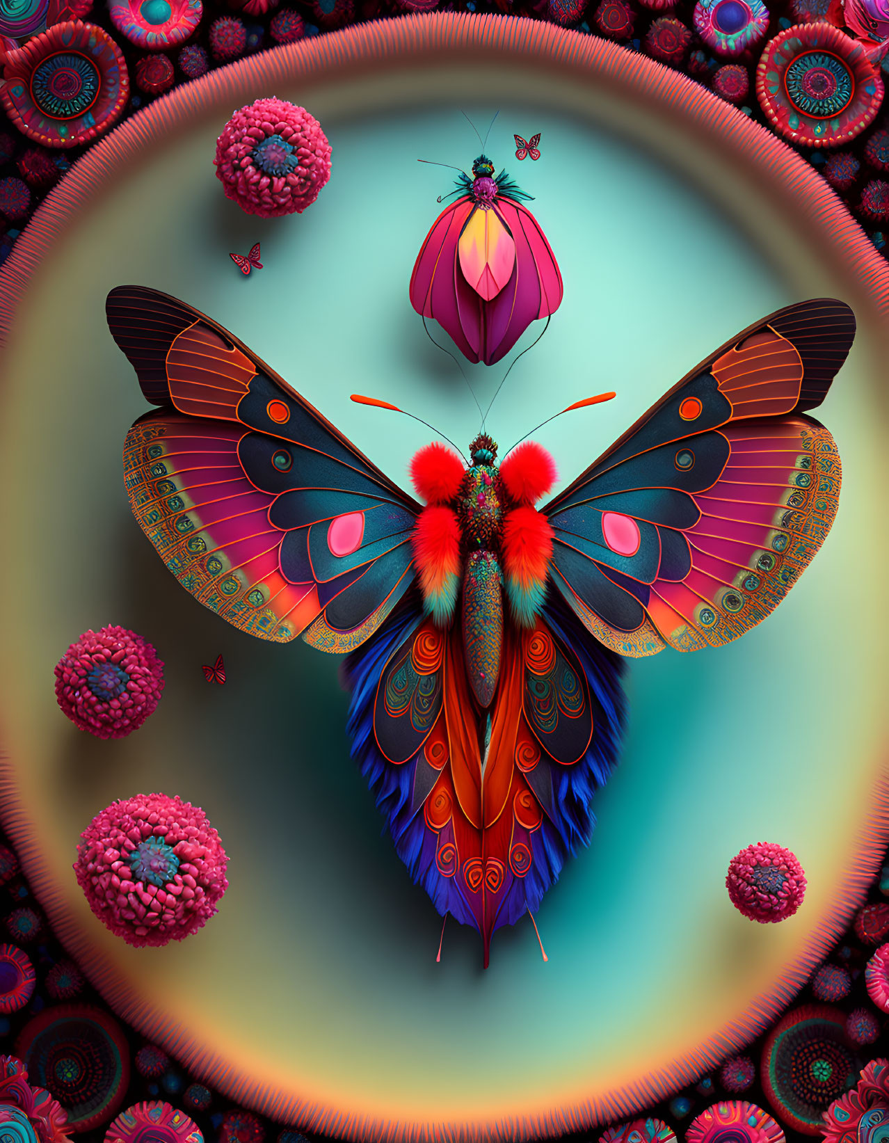 Colorful Butterfly Artwork with Floral Designs and Floating Bug