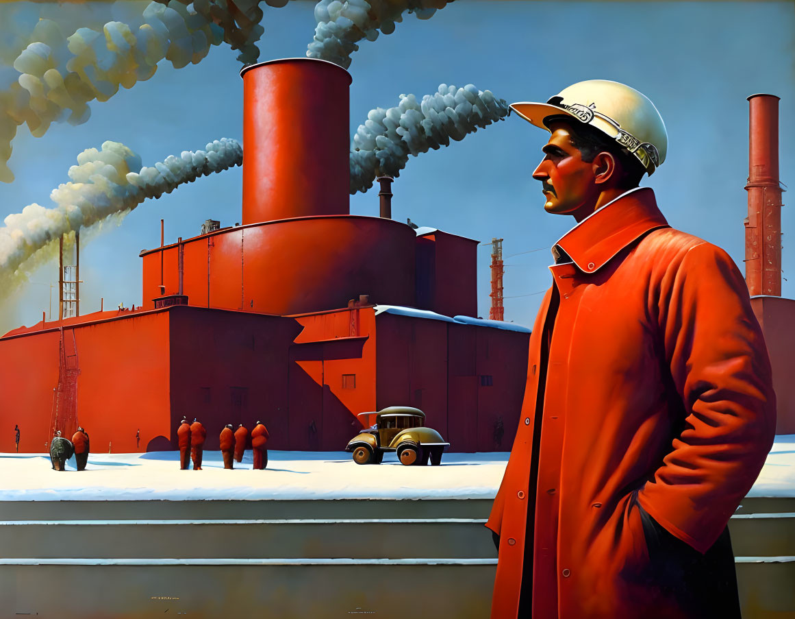 Man in white helmet and red coat against industrial backdrop with smokestacks.