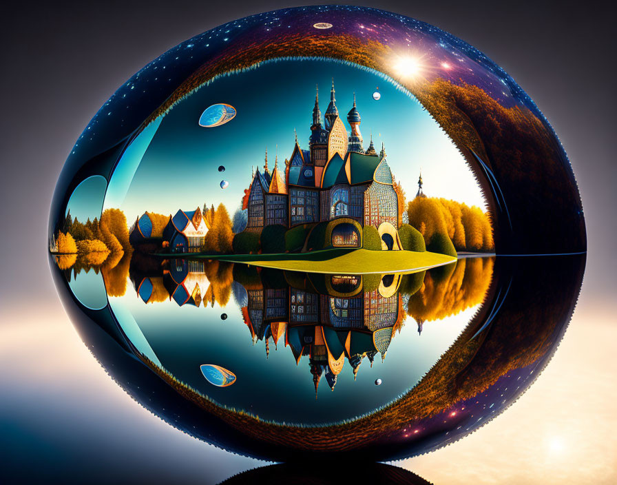 Surreal landscape featuring reflective sphere, castle, trees, sky, floating orbs, and starry