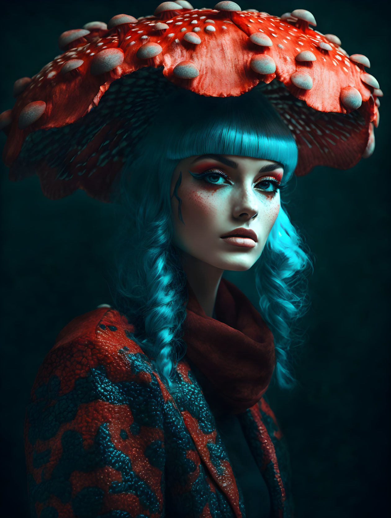 Blue-Haired Woman in Mushroom Cap and Fungus Pattern Garment