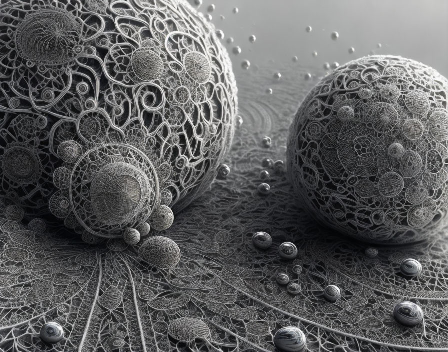 Monochrome image of intricate lace-like spheres on textured backdrop