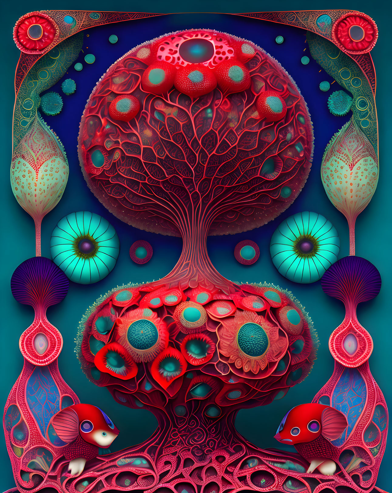 Symmetrical tree with red patterns and stylized eyes in digital artwork